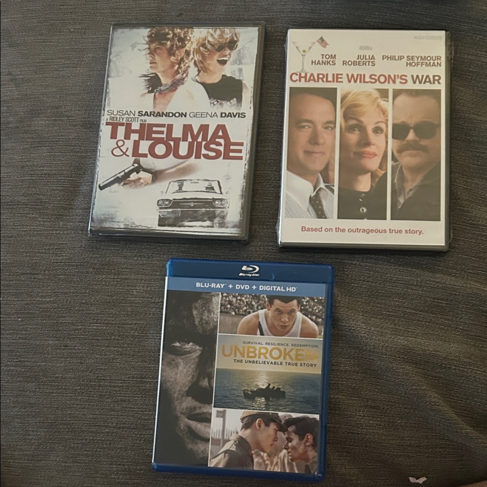 Thelma & Louise, Charlie Wilson's War, Unbroken DVD/Blu-ray Set 2 new 1 EUC